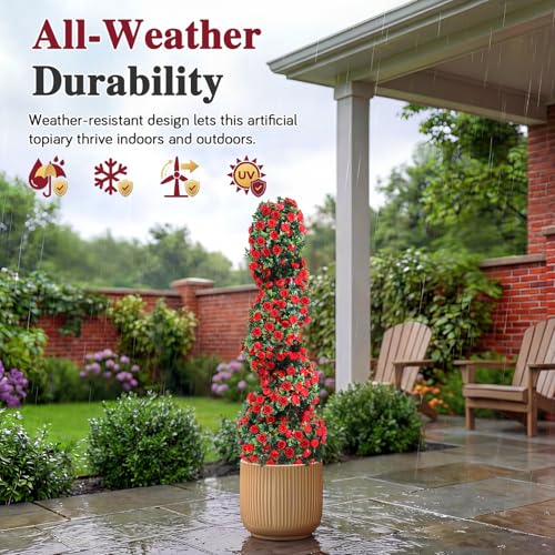 3ft Artificial Topiary Spiral Trees with Roses - Faux Outdoor Bushes Set of 2
