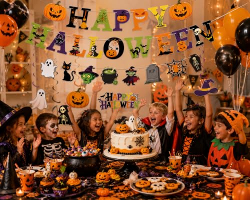 Halloween Party Decorations Set with Banners, Hanging Swirls, and Cake Toppers