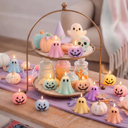 Halloween Pastel Ghost and Pumpkin Candle Set - 12 Mini Decor Candles