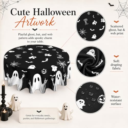 Black Spooky Ghost Halloween Round Tablecloth 60 Inch Washable Microfiber