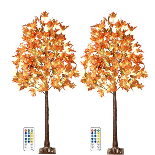 2 Pack 6FT Lighted Maple Tree with 130 LED Lights & Autumn Decor - Remote