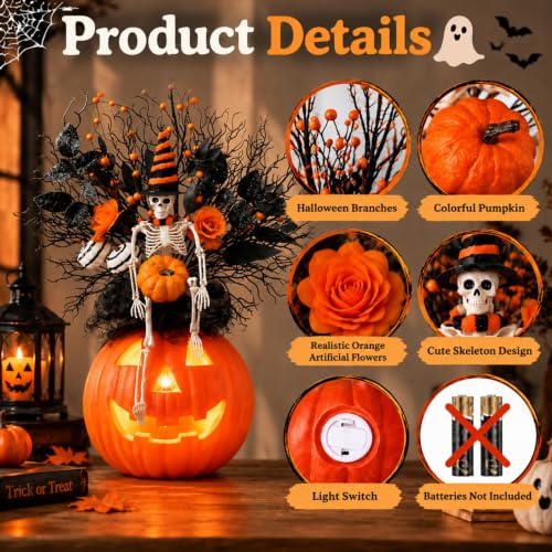 Lighted Halloween Skeleton Pumpkin Tabletop Decor - Spooky Centerpiece