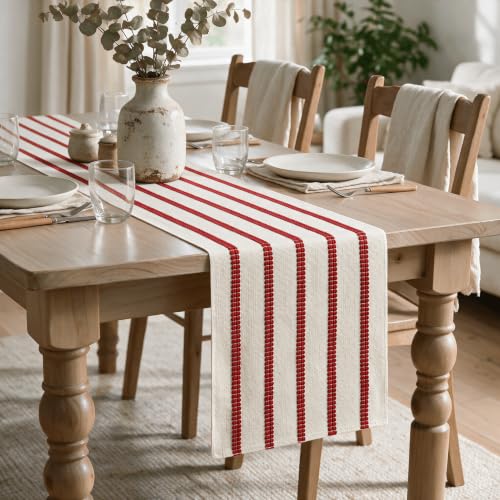 Red Farmhouse Woven Stripe Christmas Table Runner 12x120 Inch - Holiday Decor