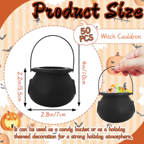 50 Pcs Halloween Mini Black Cauldrons - 2.8 Inch Portable Candy Holders with Handles