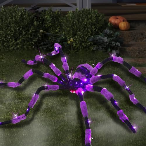 Giant Purple Halloween Spider Decoration - 60” Large Black Hairy Fake Spider with LED Lights