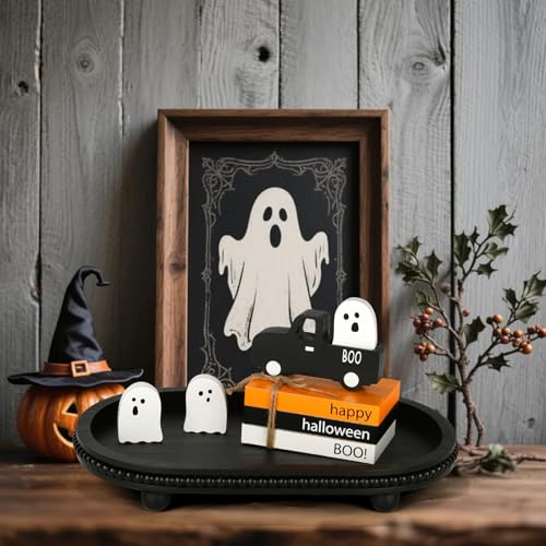 SYNCVIBE Halloween Book Stack Decor with Ghosts and Wooden Truck - Spooky Faux Book Set