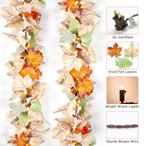 9Ft Connectable Lighted Fall Garland with 50 Incandescent Bulbs - Indoor Outdoor Thanksgiving Decor