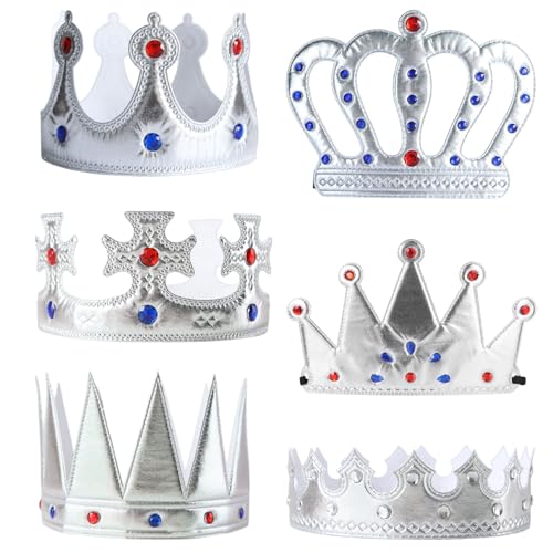 6 Pack Silver Foam Crown Set for Kids and Adults - Royal Party Accessories