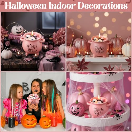 Pink Halloween Cauldron Candle with Spooky Decorations & Pumpkin Scent - 14oz Gift for Women & Teens