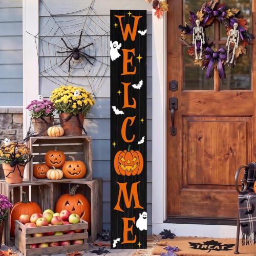 Halloween Porch Sign - Wooden Spooky Ghost Welcome Banner - Black & Orange - 47.2"