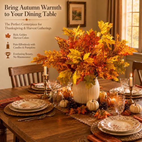 Artificial Maple Leaves Stems 8-Pack Fall Decor for Thanksgiving & Autumn Centerpieces