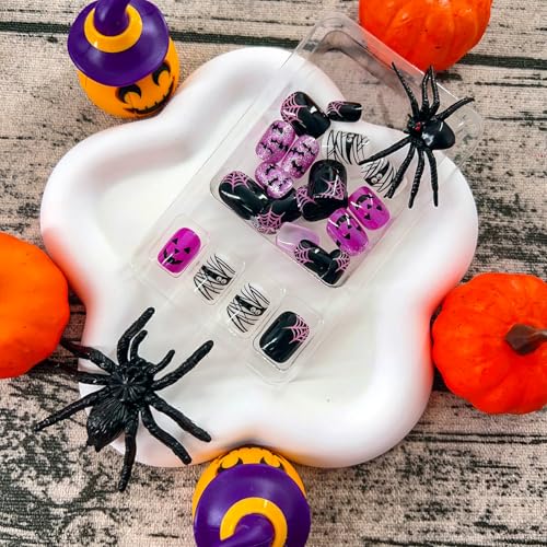 Halloween Press On Nails Short Fake Nails with Ghost Face & Mummy Design - Purple, 24 Pcs