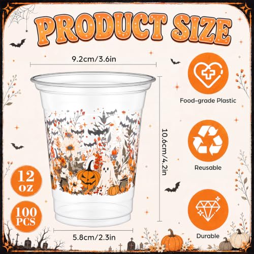 Halloween Plastic Cups 12 oz - Ghost Bats Floral Party Supplies - 100 Pack