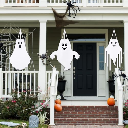 Halloween Ghost Windsocks Outdoor Decorations - Set of 6, 27 Inch White Flying Ghosts for Yard, Porch & Garden