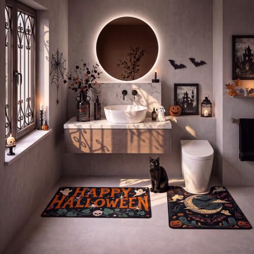 Halloween Theme 3-Piece Funny Horror Bathroom Rug Set - Ghosts, Pumpkins, Black Cats