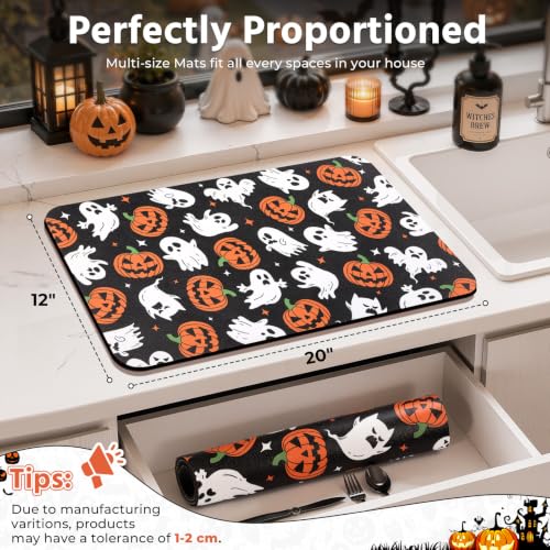 Halloween Ghost Dish Drying Mat - 12x20 Inch Absorbent Coffee Mat with Jack-o'-Lanterns & Ghosts