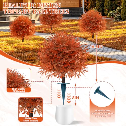 Fall Cedar Topiary Trees - Artificial Autumn Decor with Spike - 2 Pack
