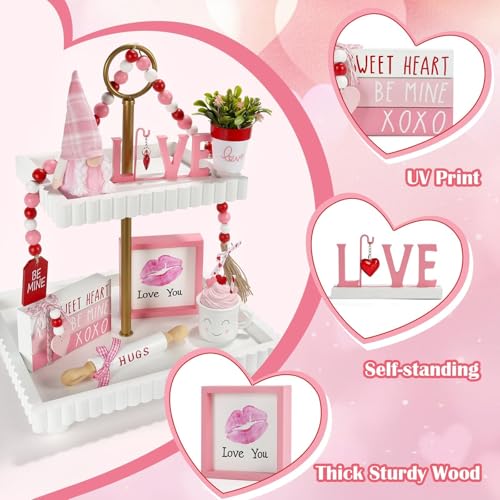 Pink Valentine's Day Tiered Tray Decor Set - 8 Pieces, Farmhouse Style, Includes Gnome & Heart Accents - Pink Valentine