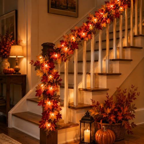 9FT Fall Garland with Lights - Maple Leaf Seasonal Home Decor
