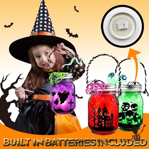 8 Pack Halloween Mason Jar Craft Kit with LED Lights and Accessories for Kids