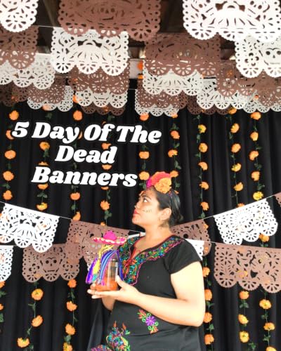 Dia de Los Muertos Papel Picado Banner - 5 Pack Brown & White Decor