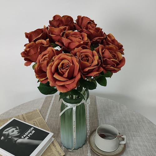 Artificial Burnt Orange Roses Bouquet - Fall Floral Arrangement with Realistic Texture & 3.94-Inch Heads - Variation of Burnt Orange 20/20