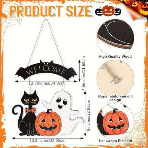 Wooden Halloween Welcome Sign - Indoor & Outdoor Decor with Pumpkin Ghost Black Cat Motifs