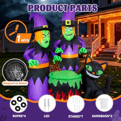 Halloween Inflatable Outdoor Decoration with 2 Witches and Black Cat - 6FT Lighted Yard Decor