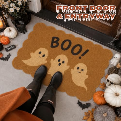 Halloween Ghost Doormat Decor - Boo Welcome Coir Door Mat, Brown & White