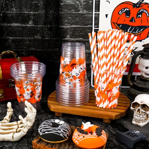 Halloween Plastic Cups with Lids & Straws - Ghost Pumpkin Design, 50 Pack, 12oz