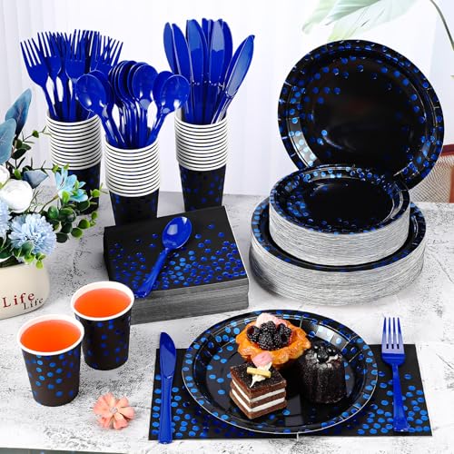 Black and Blue Disposable Party Tableware Set for 80 Guests