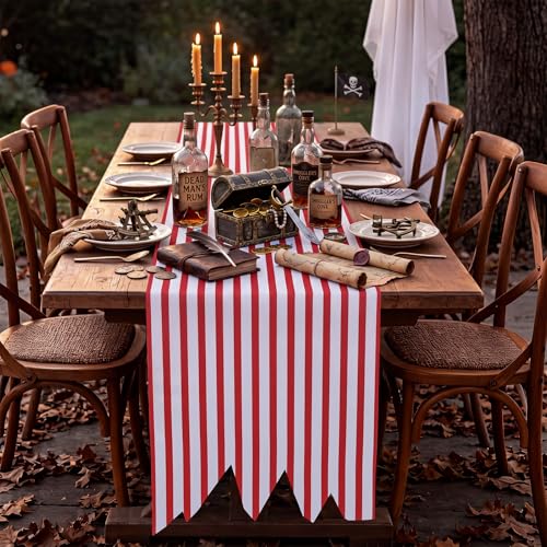 Pirate Table Runner Halloween Decorations Red White 71x12 Inches - Pirate Party Supplies