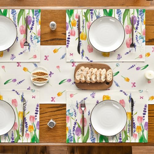 Lavender Tulip Floral Placemats Set of 12, 12x18 Inch Rectangular Seasonal Table Decor