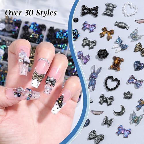 3D Butterfly Rose Flower Bow Rabbit Nail Charms Kit Black Variation