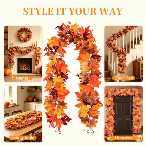 Fall Garland Artificial Maple Leaves 2-Pack Orange 5.9Ft for Festival Decor