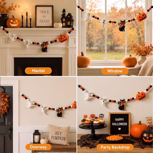 Halloween Felt Banner Ghost Pumpkin Black Cat Decor 6.6 ft Festive Party Decoration