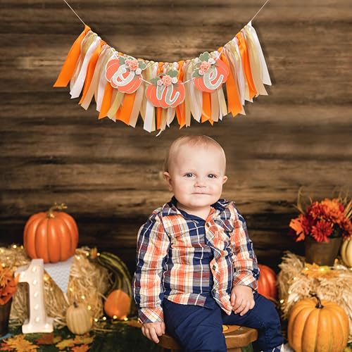 First Birthday Pumpkin High Chair Banner for Fall & Halloween Party - Orange Ribbon Decor