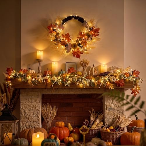 24-Inch Collapsible Fall Wreath with Pumpkins and Lights for Front Door