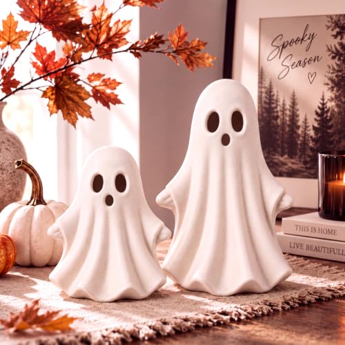 White Halloween Ghost Figurines Set of 2 - Terracotta Spooky Decor