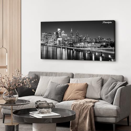 Philadelphia Skyline Wall Art Canvas - Black & White Cityscape, 40L x 20W, Modern Philly Night View