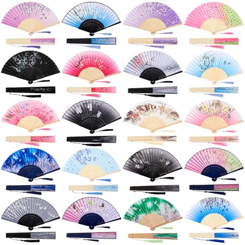 Chinese Folding Hand Fans Set of 20 - Silk & Bamboo Decorative Fans for Women