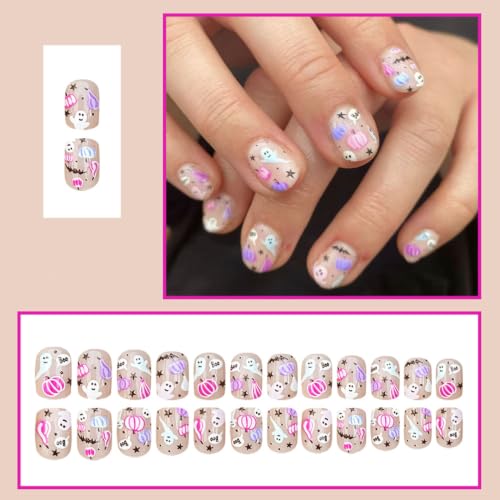 Halloween Short Square Fake Nails Kit with Pumpkin Bat & Star Designs - 24Pcs Variation HF14