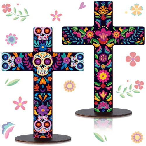 Pinkunn 2-Piece Mexican Cross Wood Table Decor - Floral Skeleton Variation
