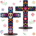 Pinkunn 2-Piece Mexican Cross Wood Table Decor - Floral Skeleton Variation