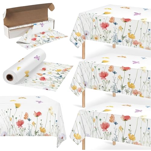 Tudomro Floral 54 Inch x 100 ft Waterproof Disposable Tablecloth Roll for Parties