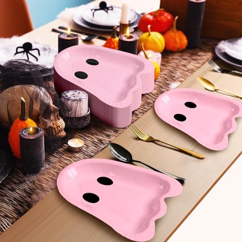 FoldTier 100 Pcs 9 Inch Ghost Halloween Paper Plates Pink Disposable Party Tableware