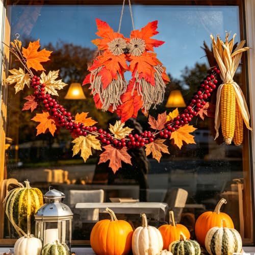 Autumn Owl Wreath for Front Door - Handcrafted Fall Seasonal Decor 14x9 in