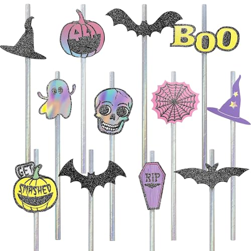 Pastel Halloween Iridescent Paper Drinking Straws & Cutouts - 36pcs