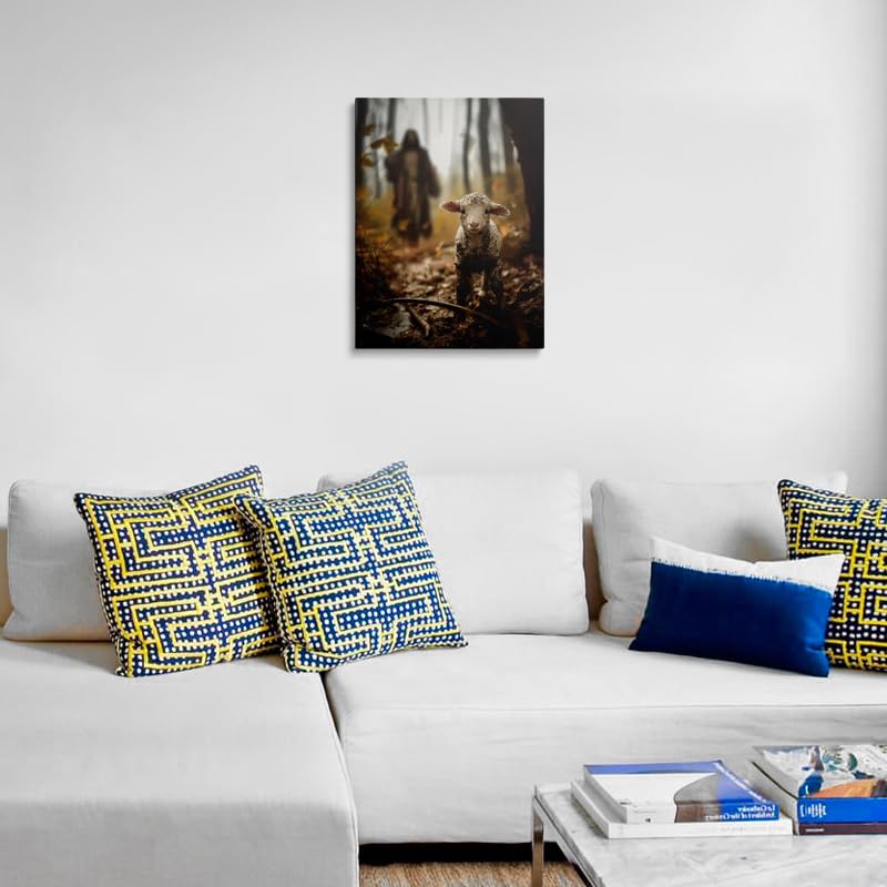 Jesus Shepherd Wall Art Canvas - Jesus Running After Lost Lamb 24x16 Inches - Christian Home Decor