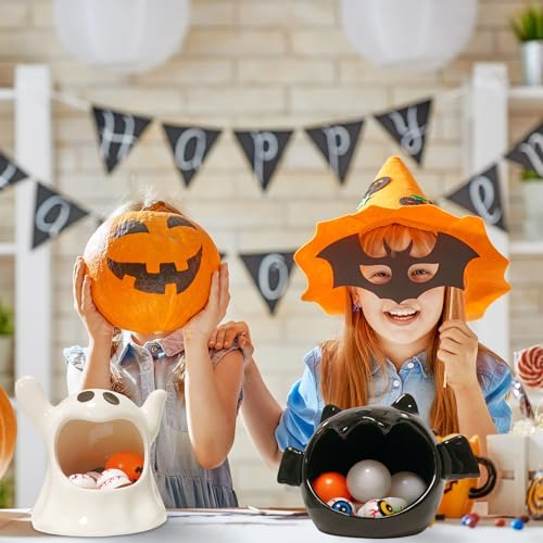 Halloween Ceramic Candy Bowls Set - Ghost & Bat Treat Holders